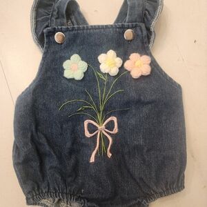 Denim Baby Romper with Floral Embroidery